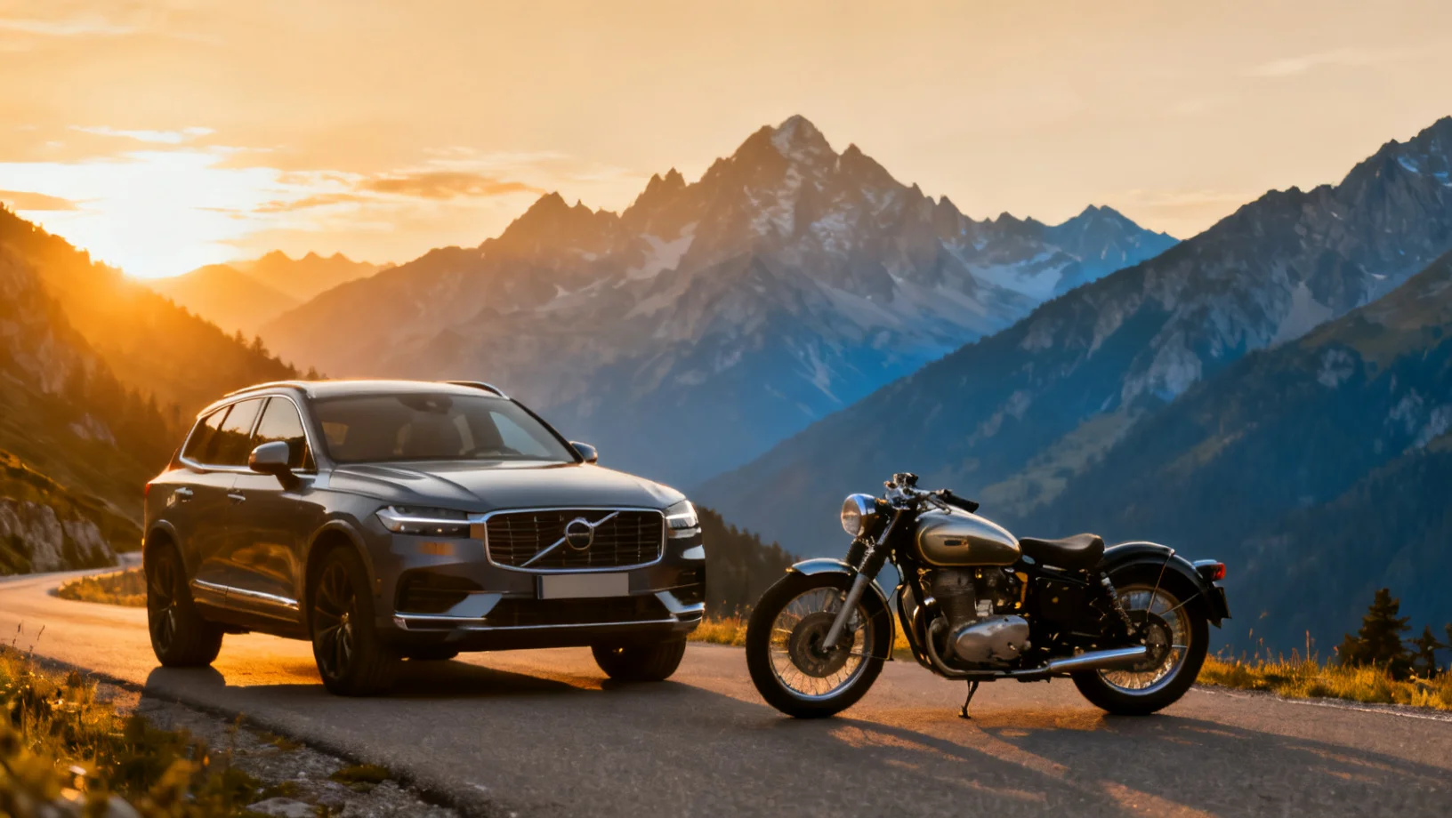 Automobile et moto sur route de montagne