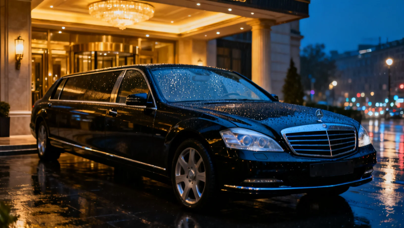 Limousine devant un hôtel de luxe la nuit