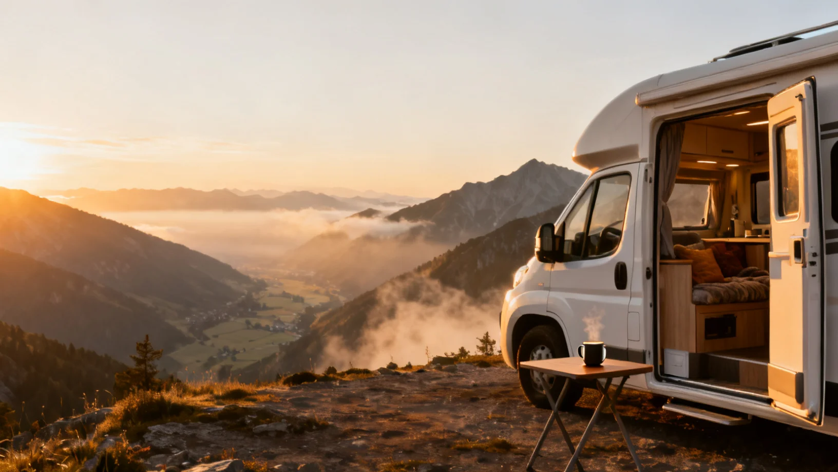 Van aménagé en montagne au lever du soleil